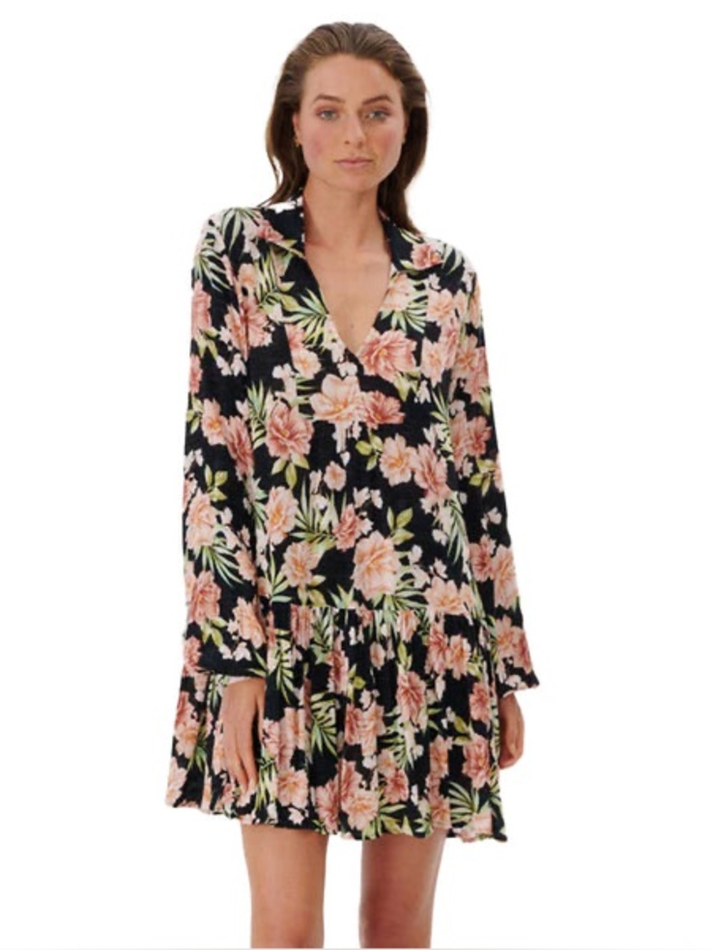 Rip Curl Floral V-Neck Long Sleeve Mini Dress - Black & Peach